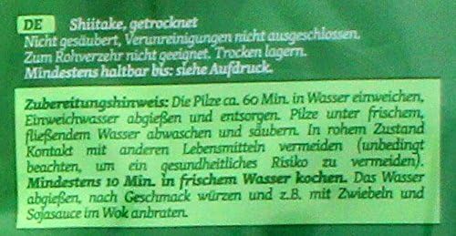 Vorderseite der Verpackung: Diamond Shiitake Pilze getrocknet im 50g Beutel mit Sichtfenster.
