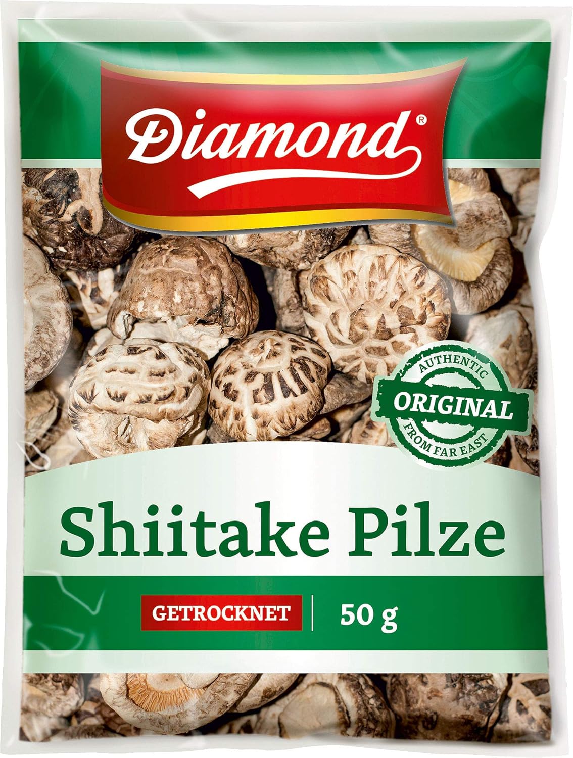 Vorderseite der Verpackung: Diamond Shiitake Pilze getrocknet im 50g Beutel mit Sichtfenster.