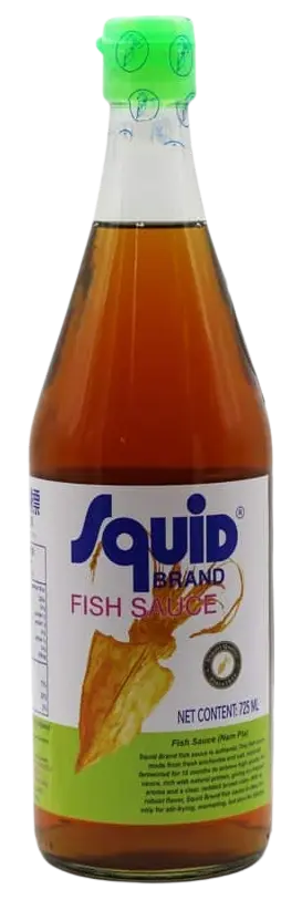 Squid brand fish sauce bottle on a white background