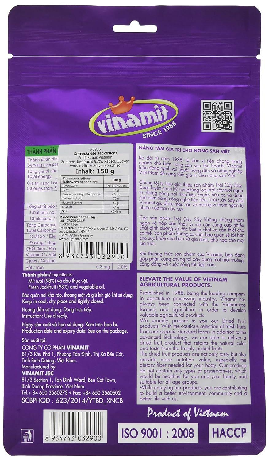 Rückseite von getrockneten Jackfruit Chips, 150g, Zutaten und Nährwerte auf lila Verpackung