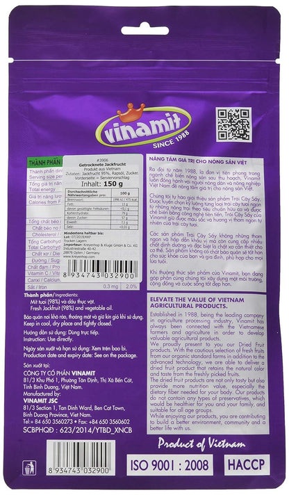 Rückseite von getrockneten Jackfruit Chips, 150g, Zutaten und Nährwerte auf lila Verpackung