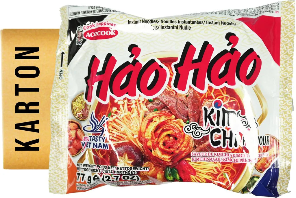 Ein Karton mit 30 Packungen Acecook Hao Hao Instantnudeln mit Kimchi-Geschmack