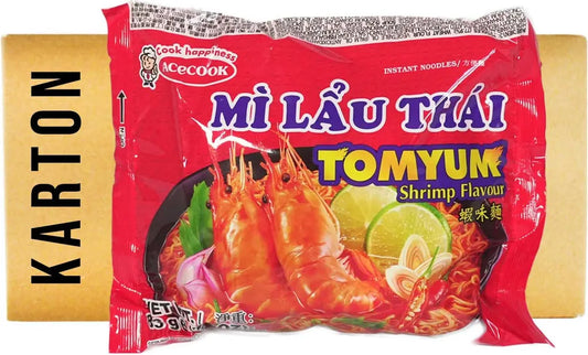 Ein verschlossener Karton mit 30 Packungen Mì Lẩu Thái Instantnudeln mit Thai Hot Pot Geschmack