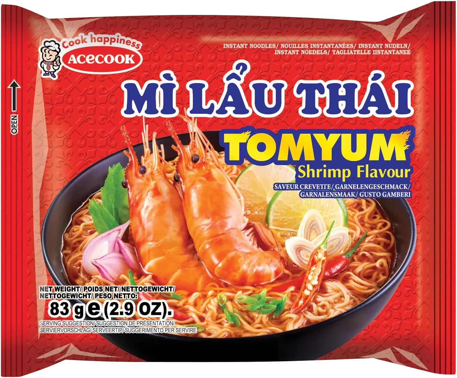 Acecook Instantnudeln Tom Yum Garnelengeschmack, Verpackung mit Garnelen, Limette und Chili abgebildet