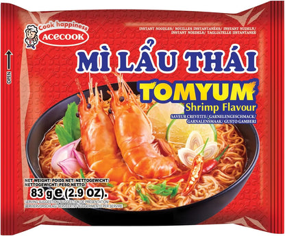 Acecook Instantnudeln Tom Yum Garnelengeschmack, Verpackung mit Garnelen, Limette und Chili abgebildet