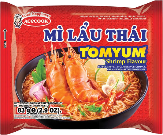 Einzelne Verpackung der Mì Lẩu Thái Instantnudeln, verziert mit Garnelen und Hot-Pot-Motiv