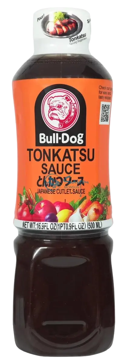 Praktische 500ml Flasche der originalen Bull-Dog Tonkatsu Sauce aus Japan mit dem markanten Bulldoggen-Logo.