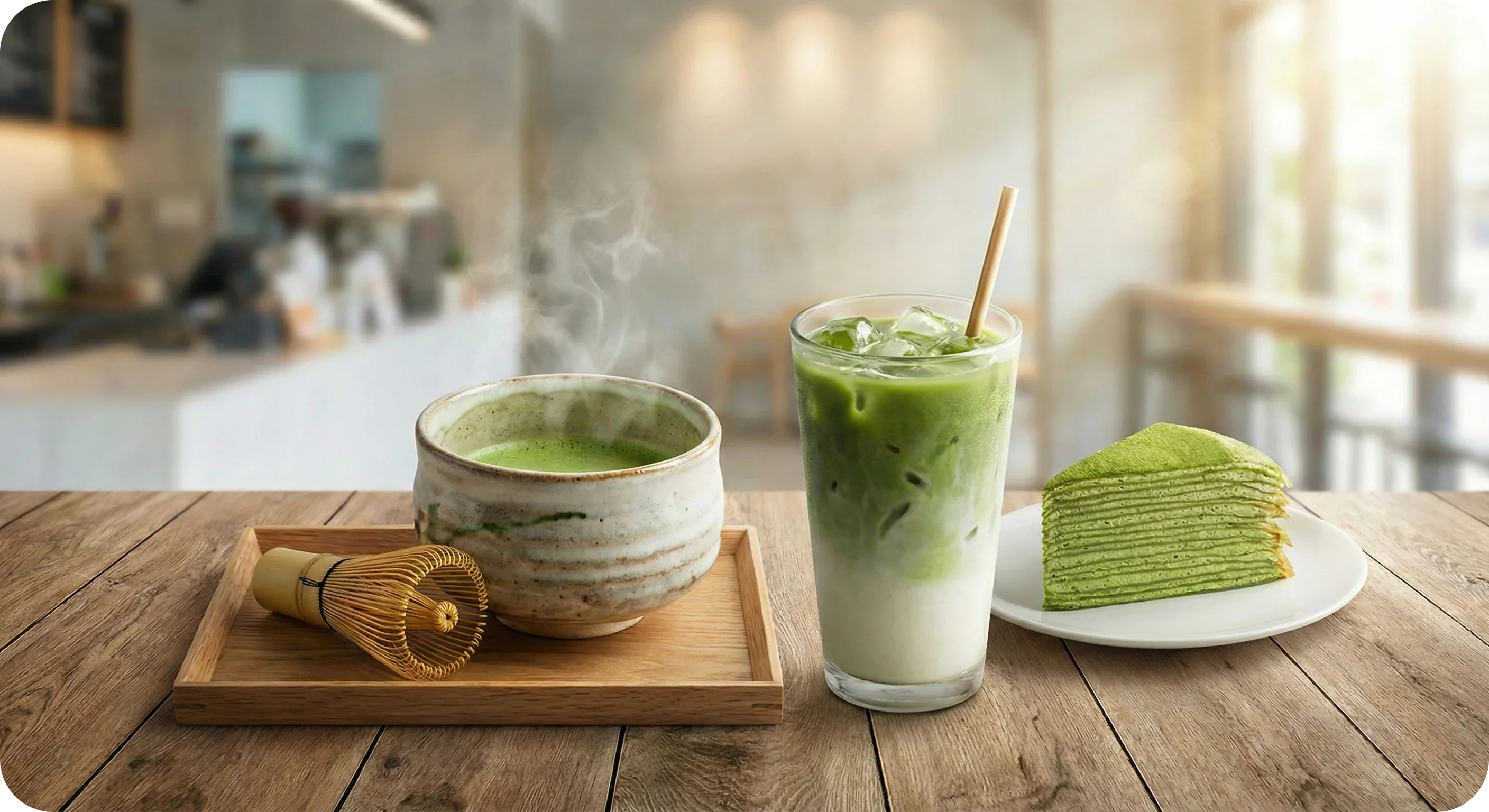 Matcha Tee-Set mit Chasen, Eistee und Matcha-Crepe-Kuchen auf Holztisch im Café, asiatische Spezialitäten